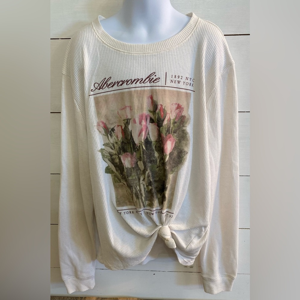 Abercrombie Kids‎ Girls’ Sz 13/14 Cream Waffle Weave Tie Front Floral Top - Picture 4 of 11